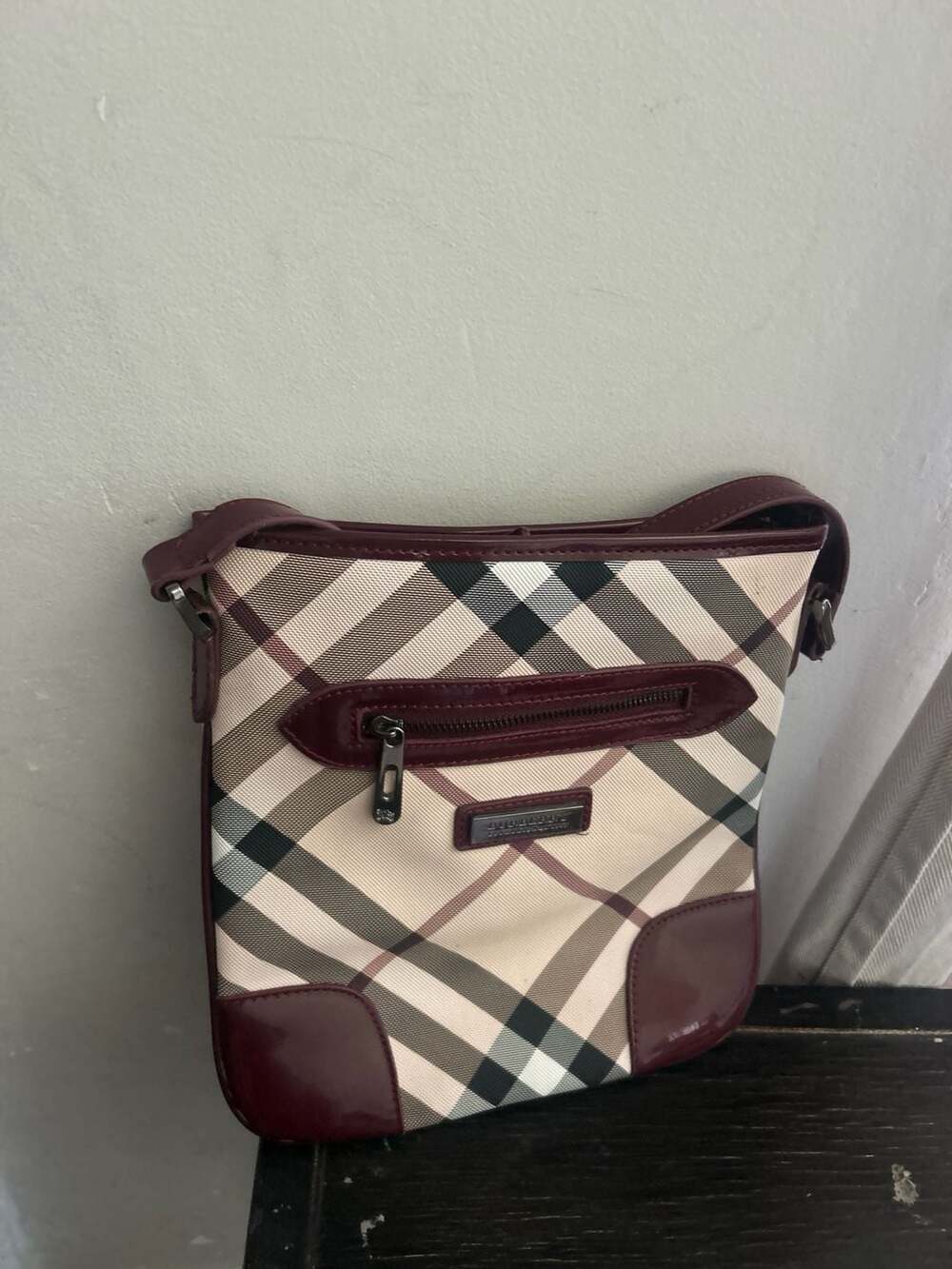 Burberry Dryden Nova Check and Burgundy Patent Leather Crossbody Bag